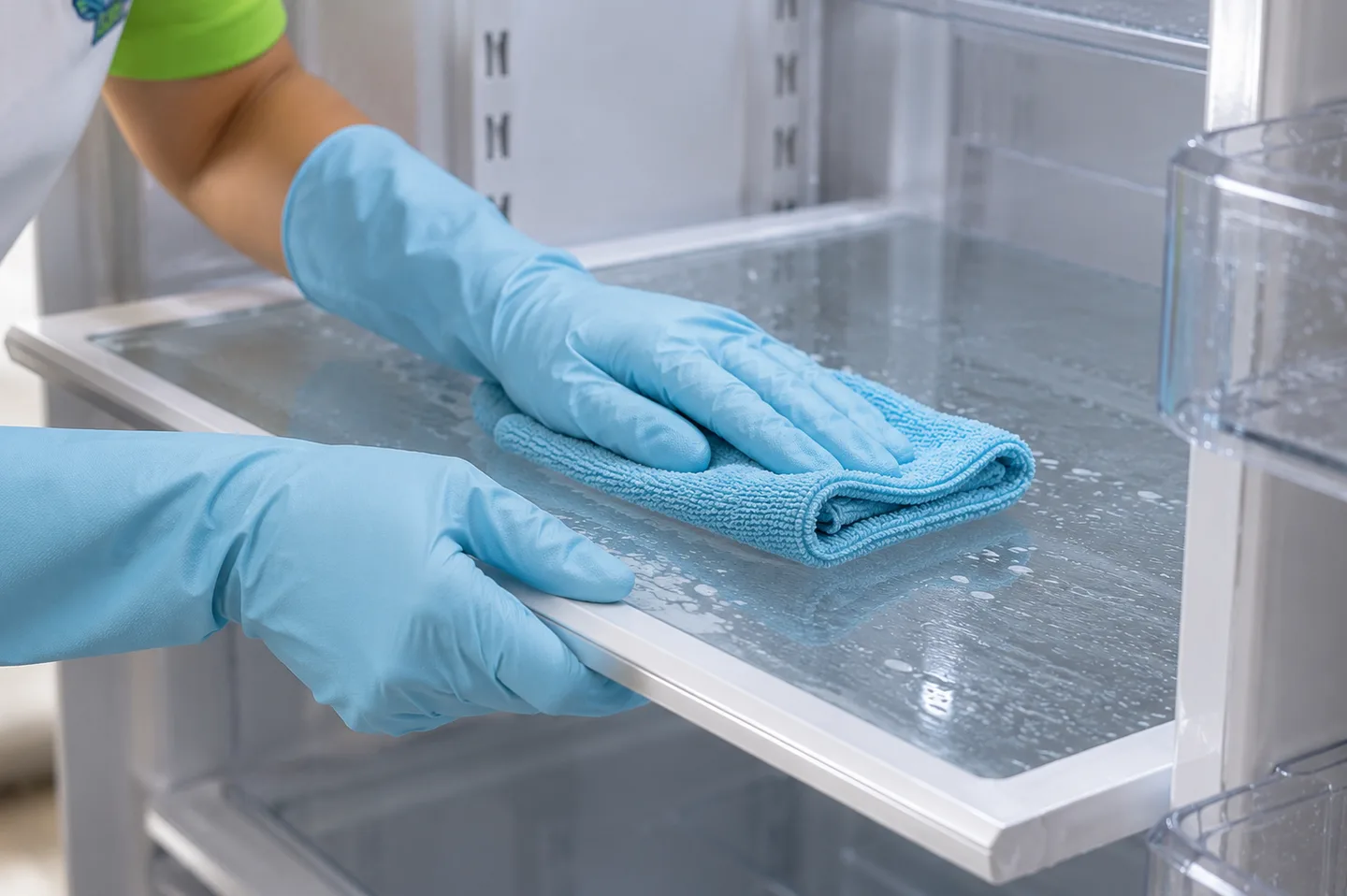 Gloved hands deep-cleaning a refrigerator shelf